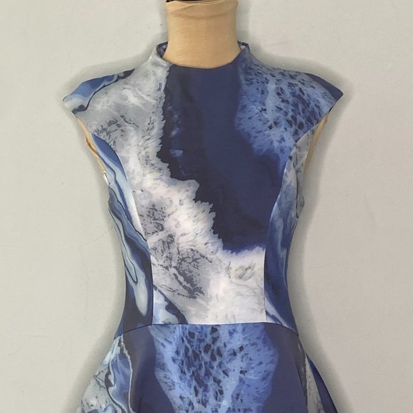 cameo Blue Marble Daydreaming Mini Dress Fit & Flare Cap Sleeves Mock Neck Small - Picture 5 of 12